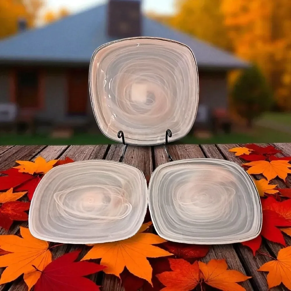 3 Pier 1‎ Alabaster Glass Plate Side Salad Dessert Lunch Niveus Pink Beige Swirl